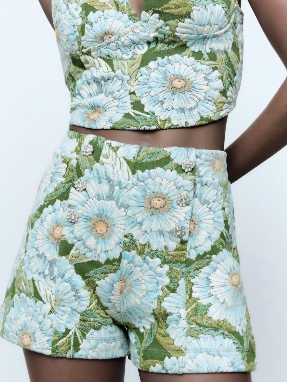 ZARA Floral Textured High-Waist Shorts in Light Blue and Olive Size LARGE